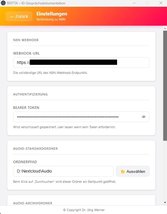 Einstellungen: Webhook-URL, Bearer Token und Audio-Standardordner