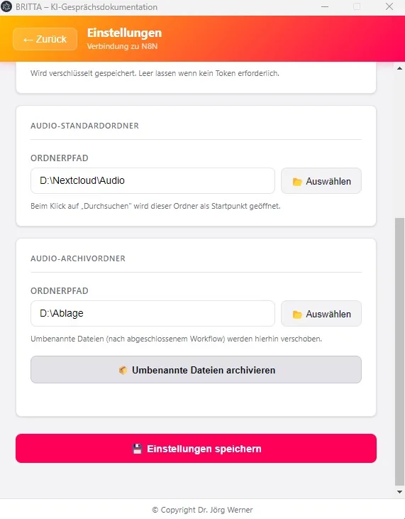 Einstellungen: Audio-Archivordner und Einstellungen speichern