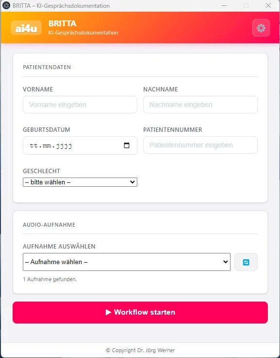 BRITTA Patientendaten-Formular mit Audio-Aufnahme und Workflow starten