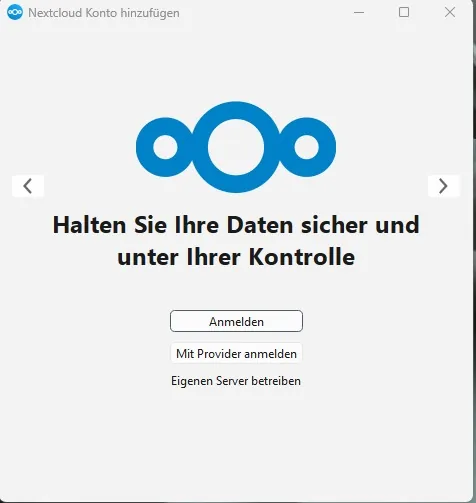 Nextcloud Konto hinzufügen – Startbildschirm des Einrichtungsassistenten