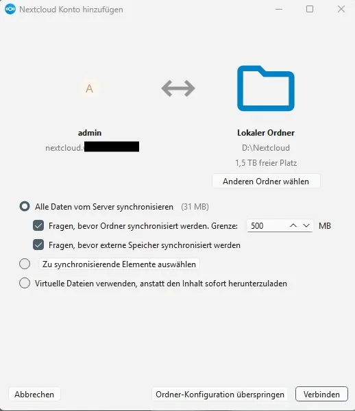 Lokalen Sync-Ordner festlegen und mit Verbinden abschließen