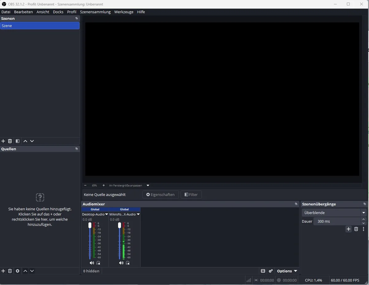 OBS Studio nach dem ersten Start – noch keine Quelle hinzugefügt
