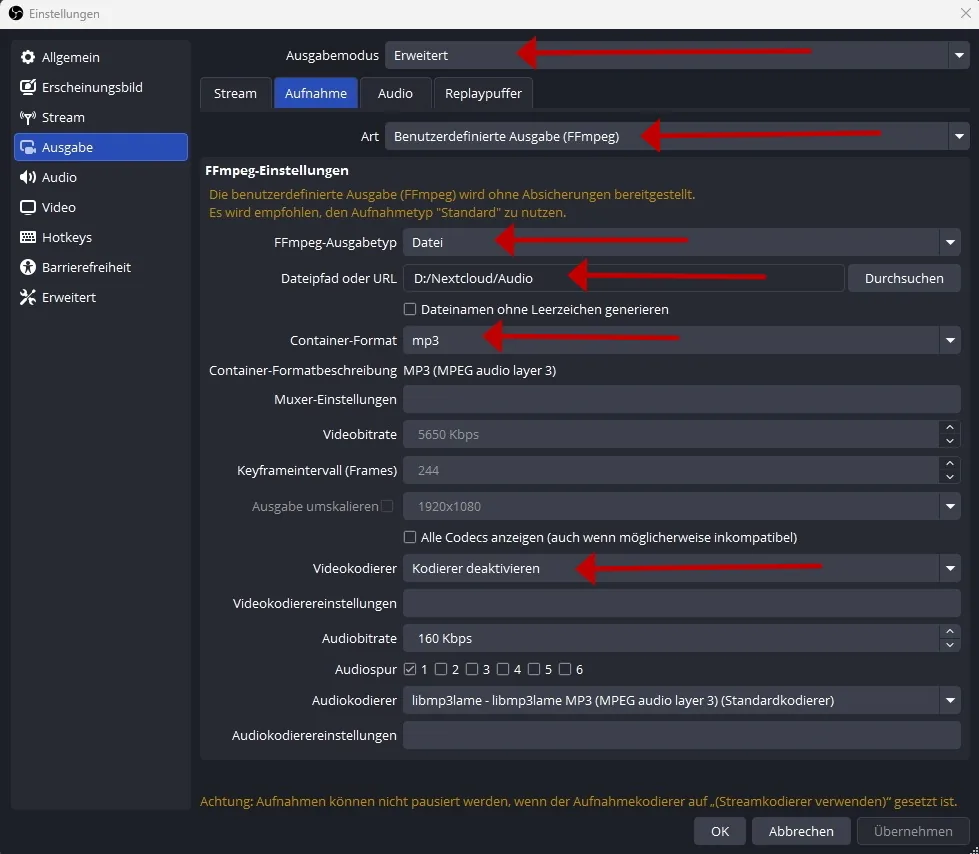 Einstellungen Ausgabe – Aufnahme als mp3 in den Nextcloud-Ordner